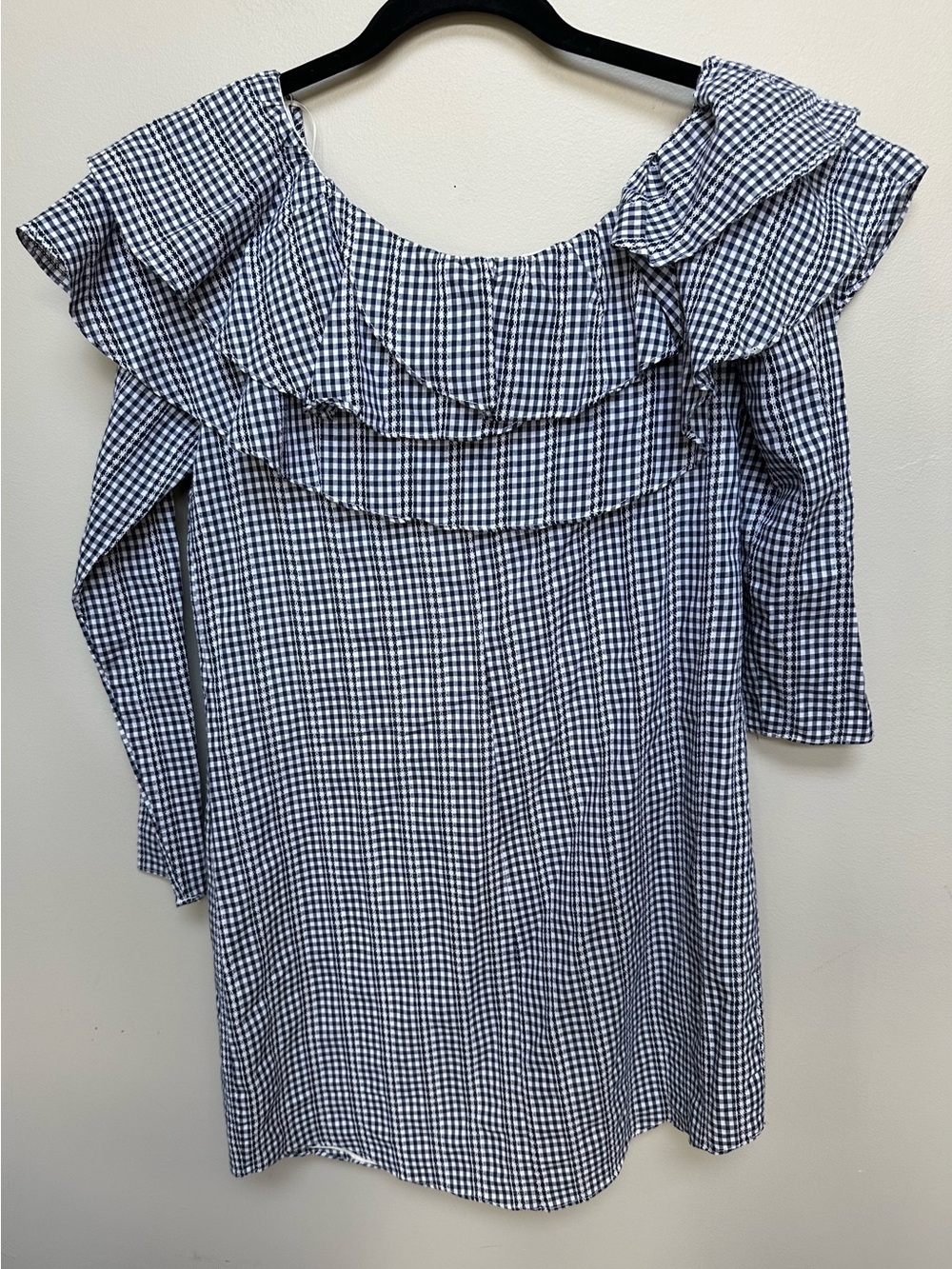 Adelyn Rae Sz XS Ruffle One-Shoulder Ruffle Gingham Dress Blue White - Picture 5 of 5